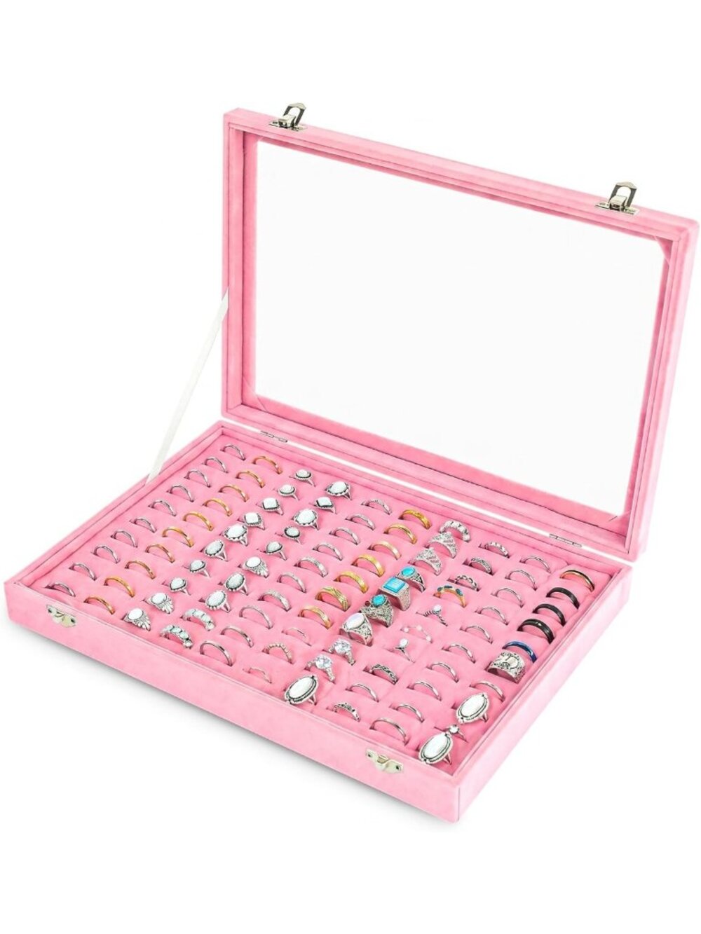 Velvet Ring Organizer Tray with 100 Slots & Clear Lid - Jewelry Storage Box